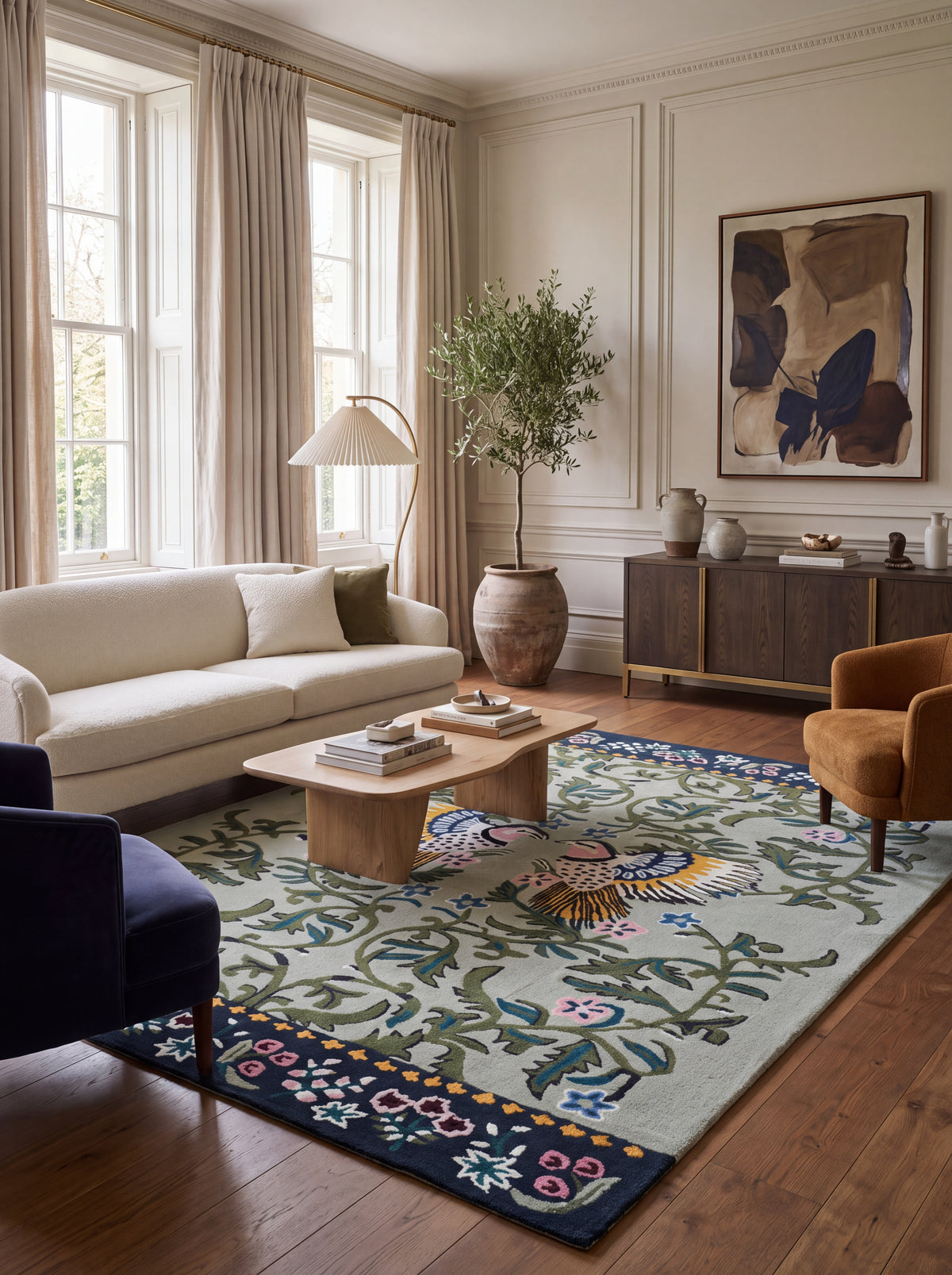 Hand-Tufted Wool Rug, Bird Floral Carpet, Nature-Inspired Area Rug, Custom-Size Wool Rug