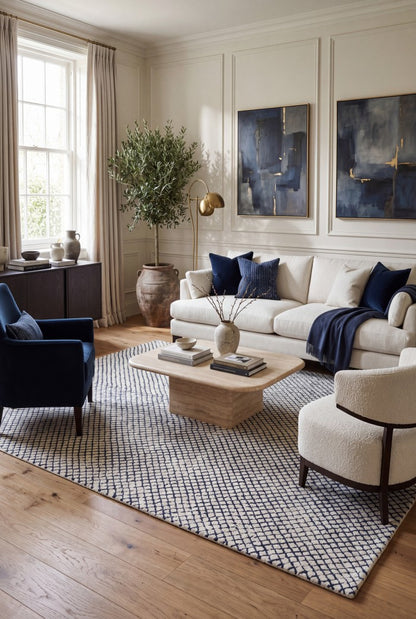 Blue & Ivory Hand Tufted Wool Rug, Modern Checkered Area Rug