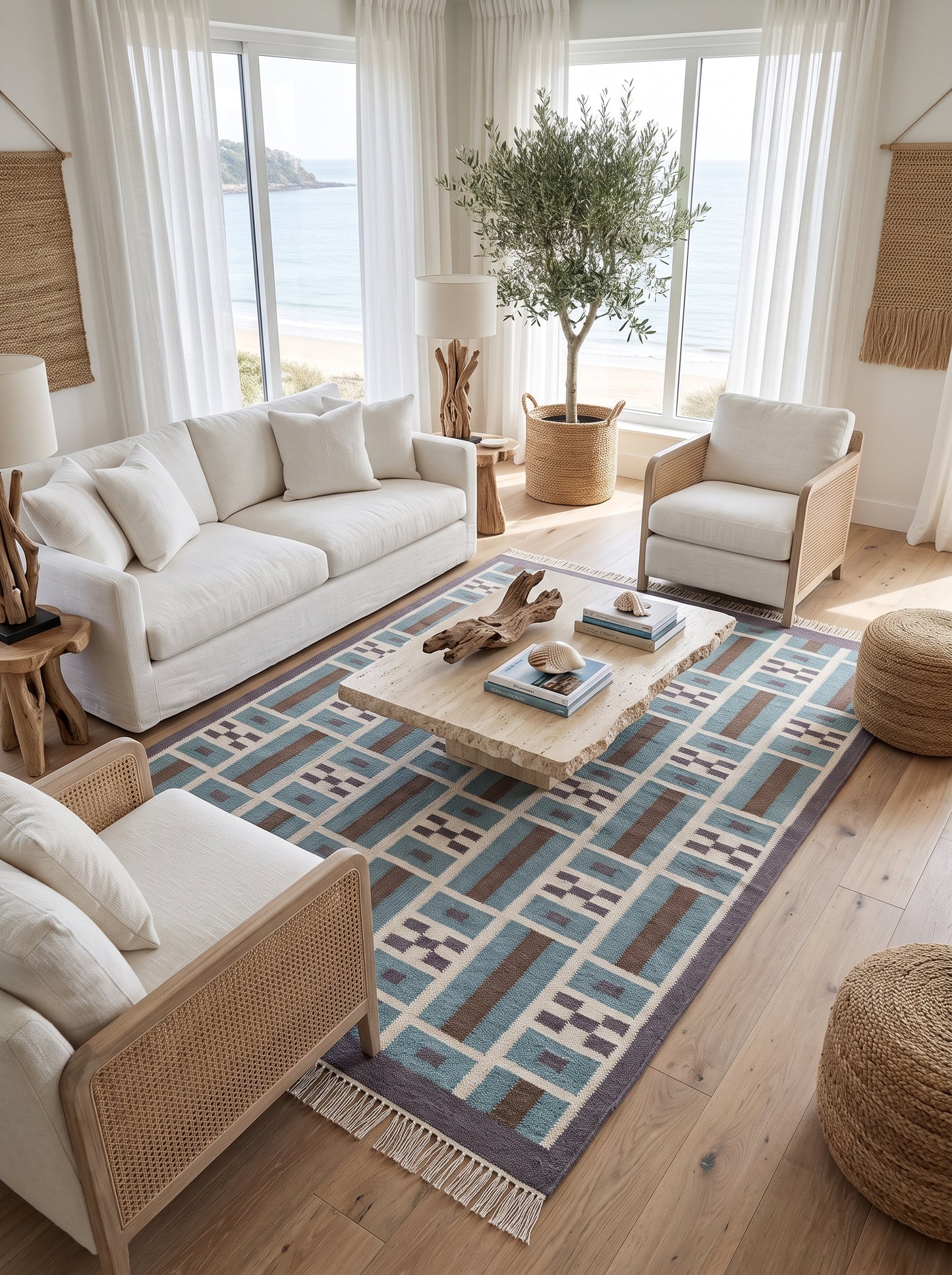 Teal Earth Block Grid Brown Wool Cotton Dhurrie Rug