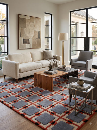 Blue Terracotta Geometric Wool Tufted Rug
