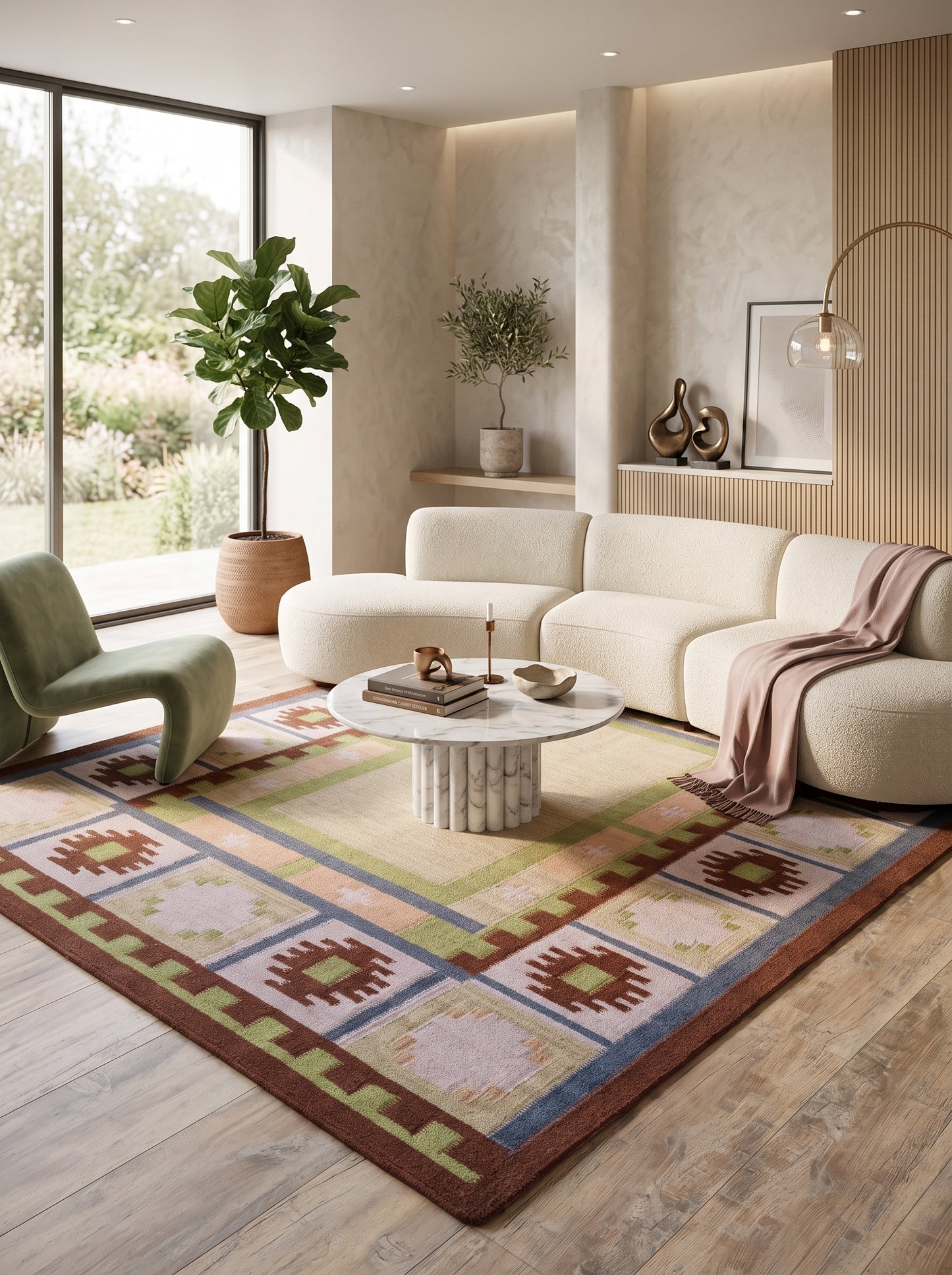 Nordic Pastel Border Wool Cotton Dhurrie Rug