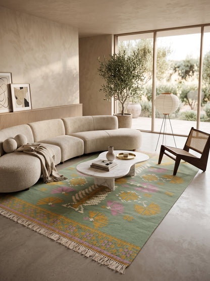Pastel Bloom Mandala Floral Medallion Dhurrie Rug