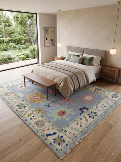 Handmade Turkish Oushak Rug Sky Blue Floral Wool Carpet