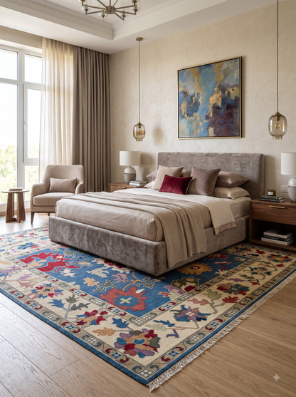 Hand Knotted Wool Oushak Rug Blue Anatolian Carpet
