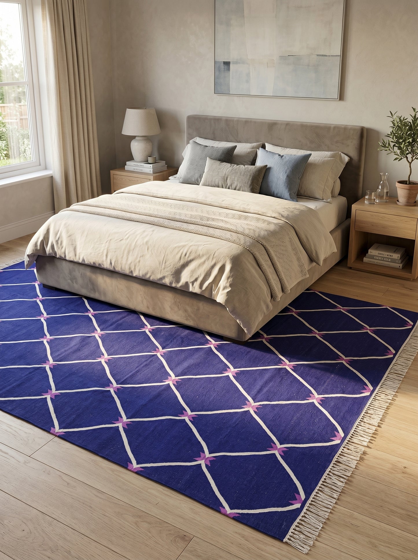 Cobalt Trellis Handwoven Cotton Flatweave Dhurrie Rug