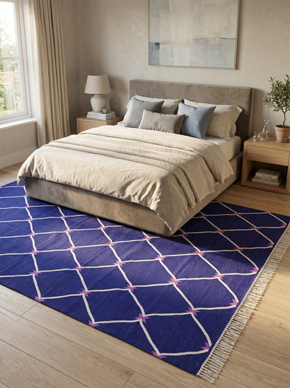 Cobalt Trellis Handwoven Cotton Flatweave Dhurrie Rug