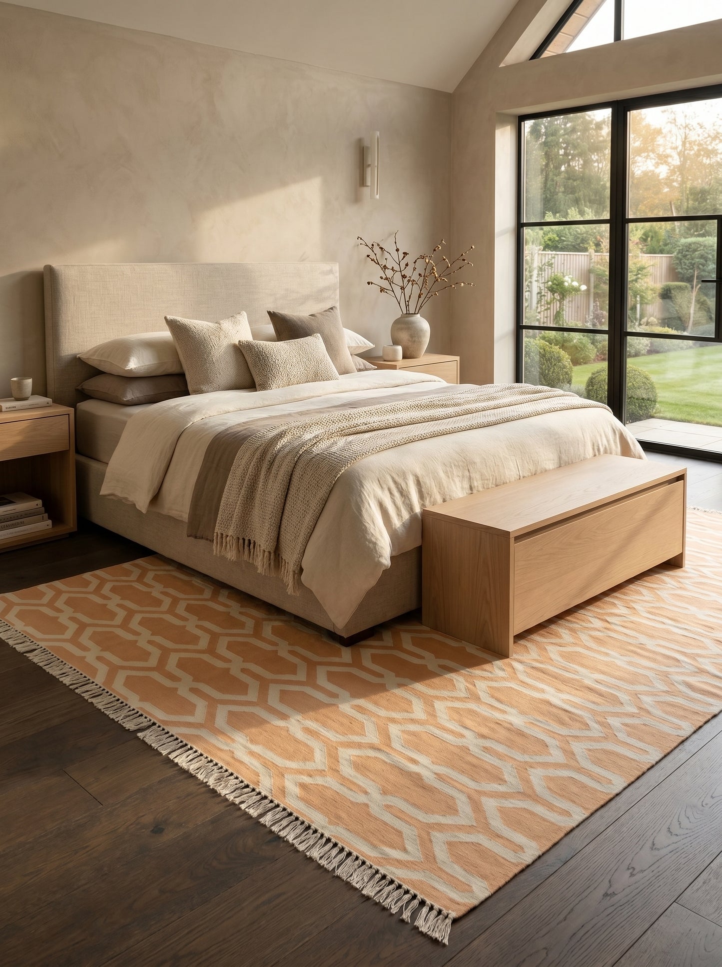 Camel Beige Geometric Area Rug, Modern Interlocking Trellis Dhurrie