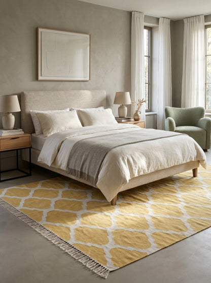 Mustard Yellow & White Honey Trellis Handwoven Cotton Rug