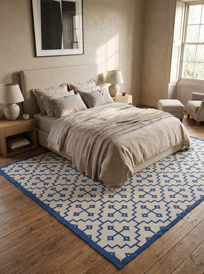 Royal Blue & Ivory Geometric Area Rug, Southwestern Diamond Cross  Dhurrie