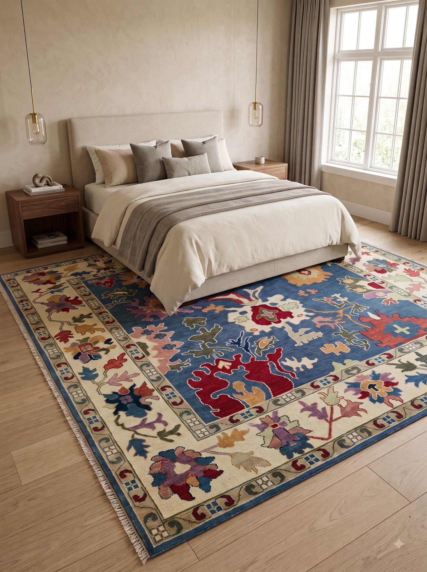 Hand Knotted Wool Oushak Rug Blue Anatolian Carpet
