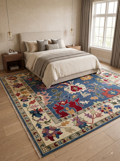 Hand Knotted Wool Oushak Rug Blue Anatolian Carpet
