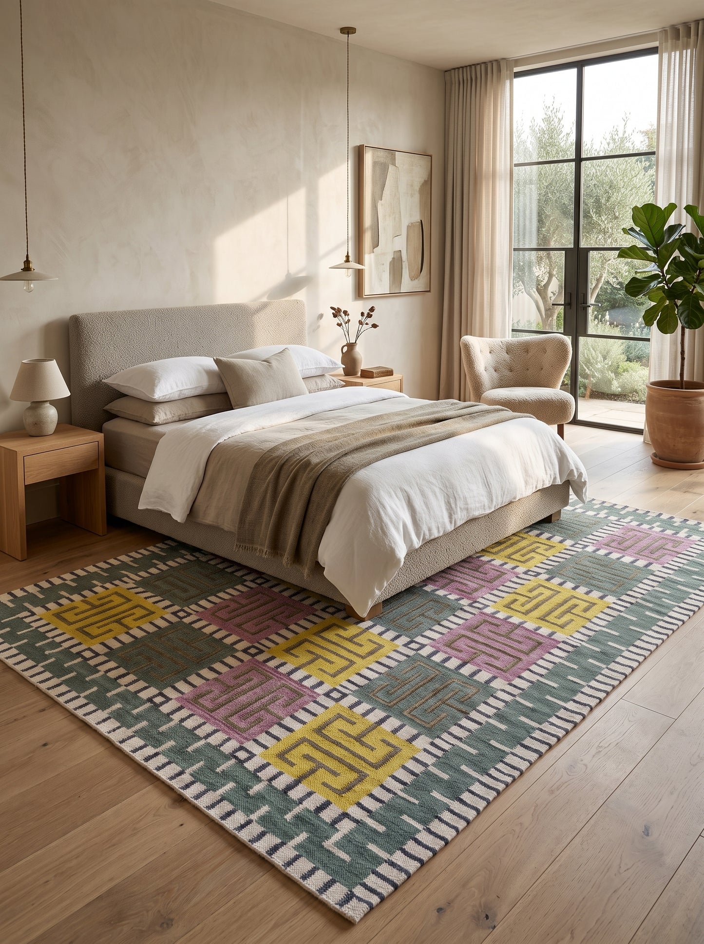 Greek Key Color-Block Matrix - Modern Yellow & Purple Wool Cotton Dhurrie Rug