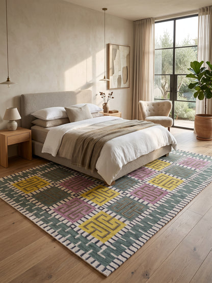 Greek Key Color-Block Matrix - Modern Yellow & Purple Wool Cotton Dhurrie Rug