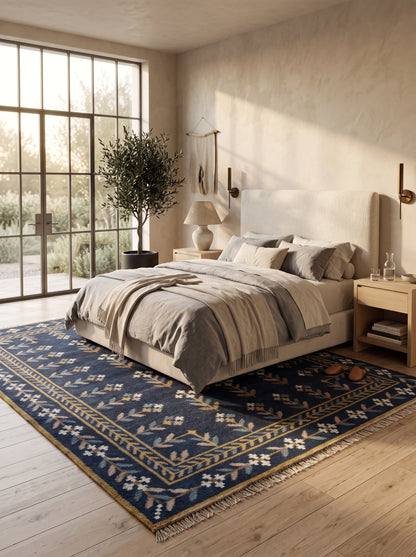 Royal Indigo Botanical Buti Flower Rug