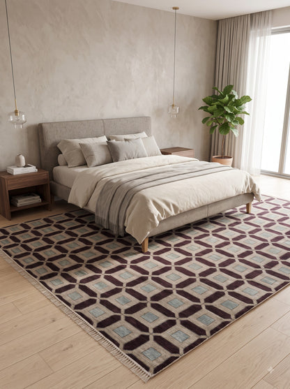 Plum & Ivory Architectural Checkered Lattice Grid Carpet for Living Room