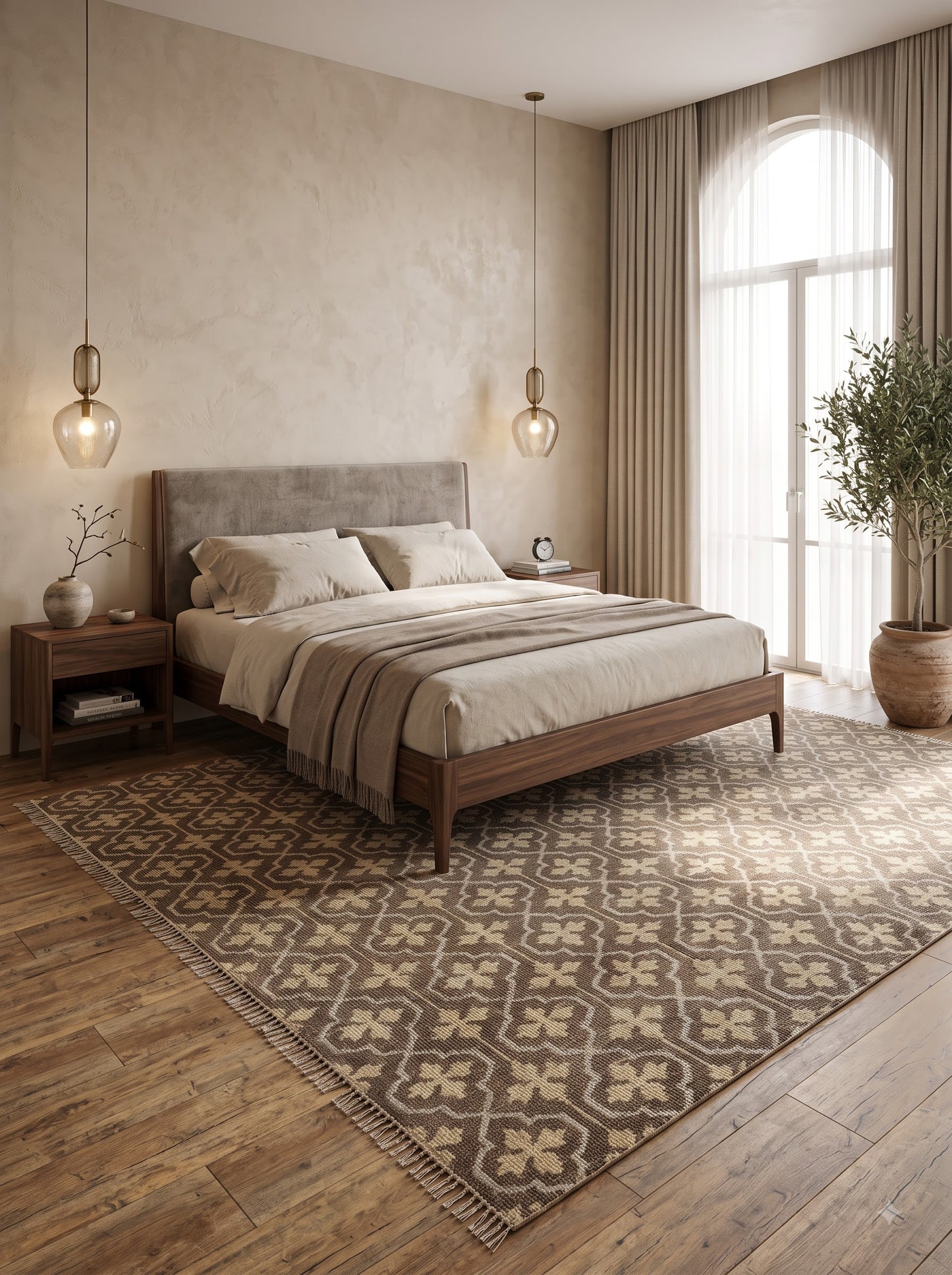 Charcoal Grey Hand Knotted Rug, Neutral Taupe & Cream Geometric Wool Area Rug