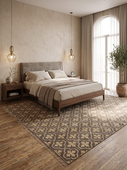 Charcoal Grey Hand Knotted Rug, Neutral Taupe & Cream Geometric Wool Area Rug
