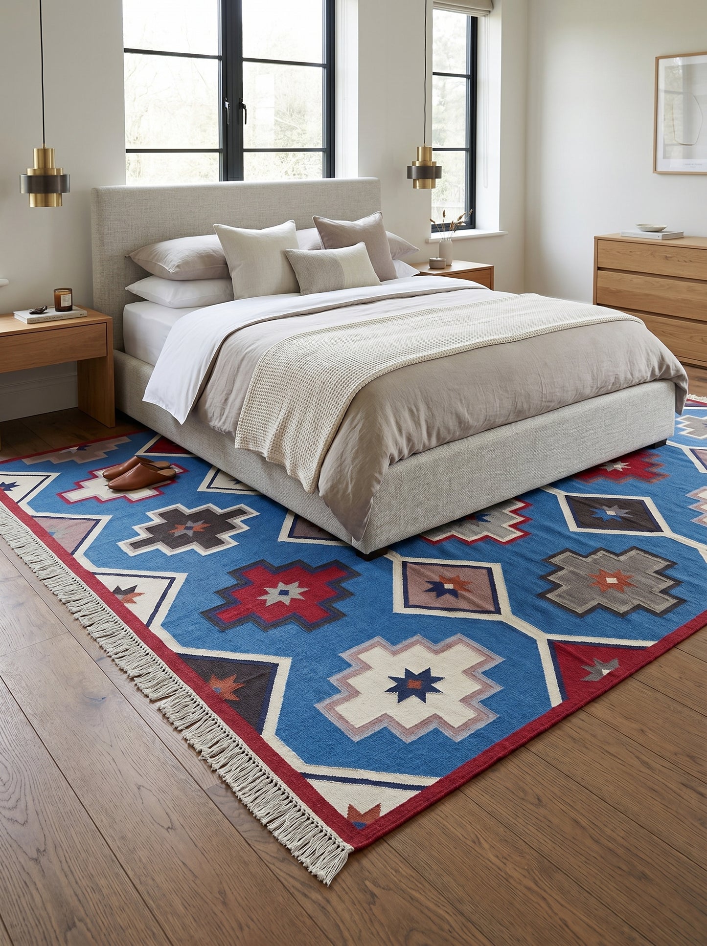 Taos Medallion Vibrant Blue Tribal Geometric Kilim Flatweave Rug