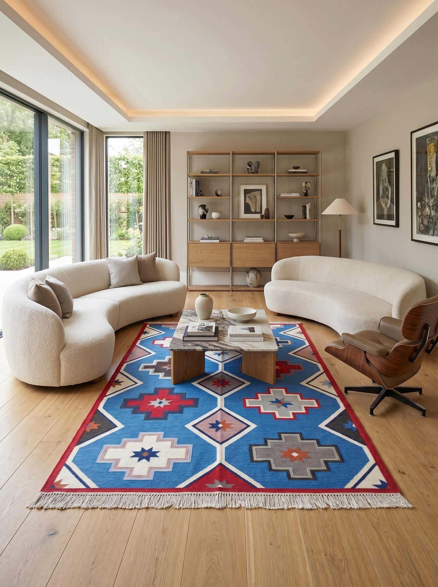 Taos Medallion Vibrant Blue Tribal Geometric Kilim Flatweave Rug