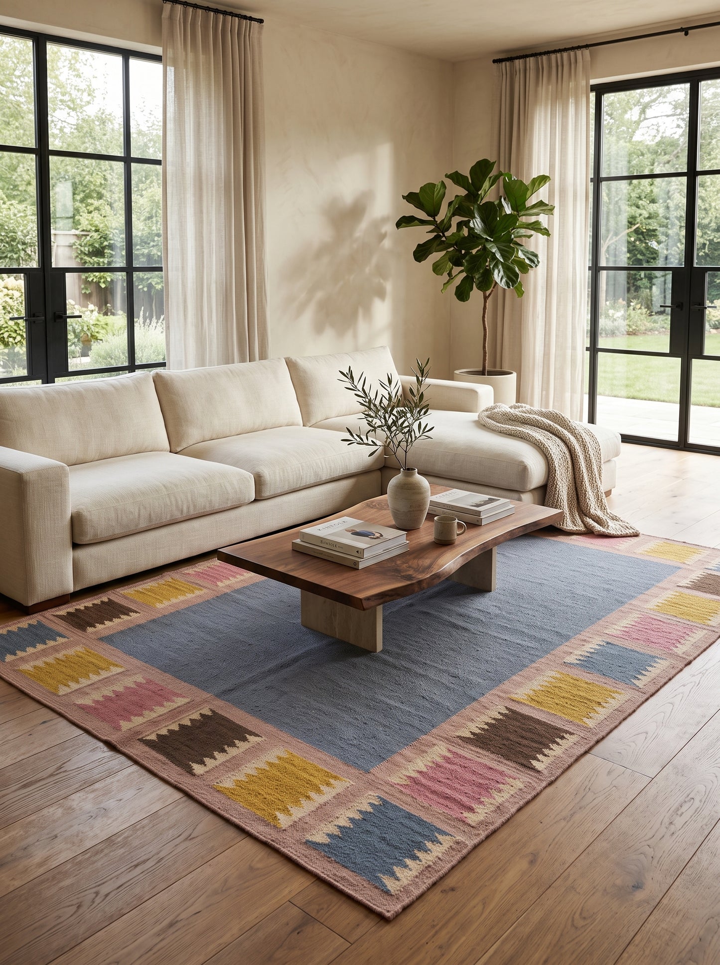 Slate & Sawtooth Geometric Border Wool Area Rug