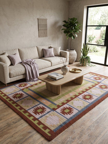 Nordic Pastel Border Wool Cotton Dhurrie Rug