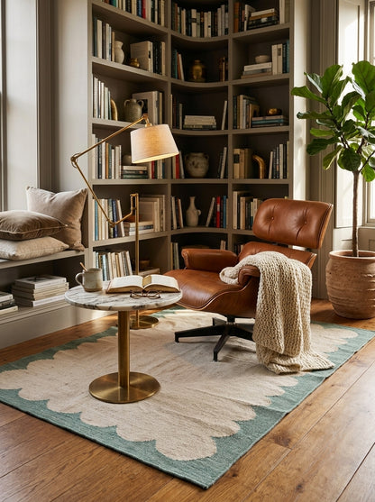 Seafoam Scallop Frame Scalloped Border Flatweave Area Rug