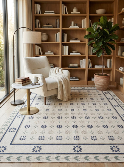 Nordic Navy Rosette Heritage Elegant Chevron Vine Border Flatweave rug