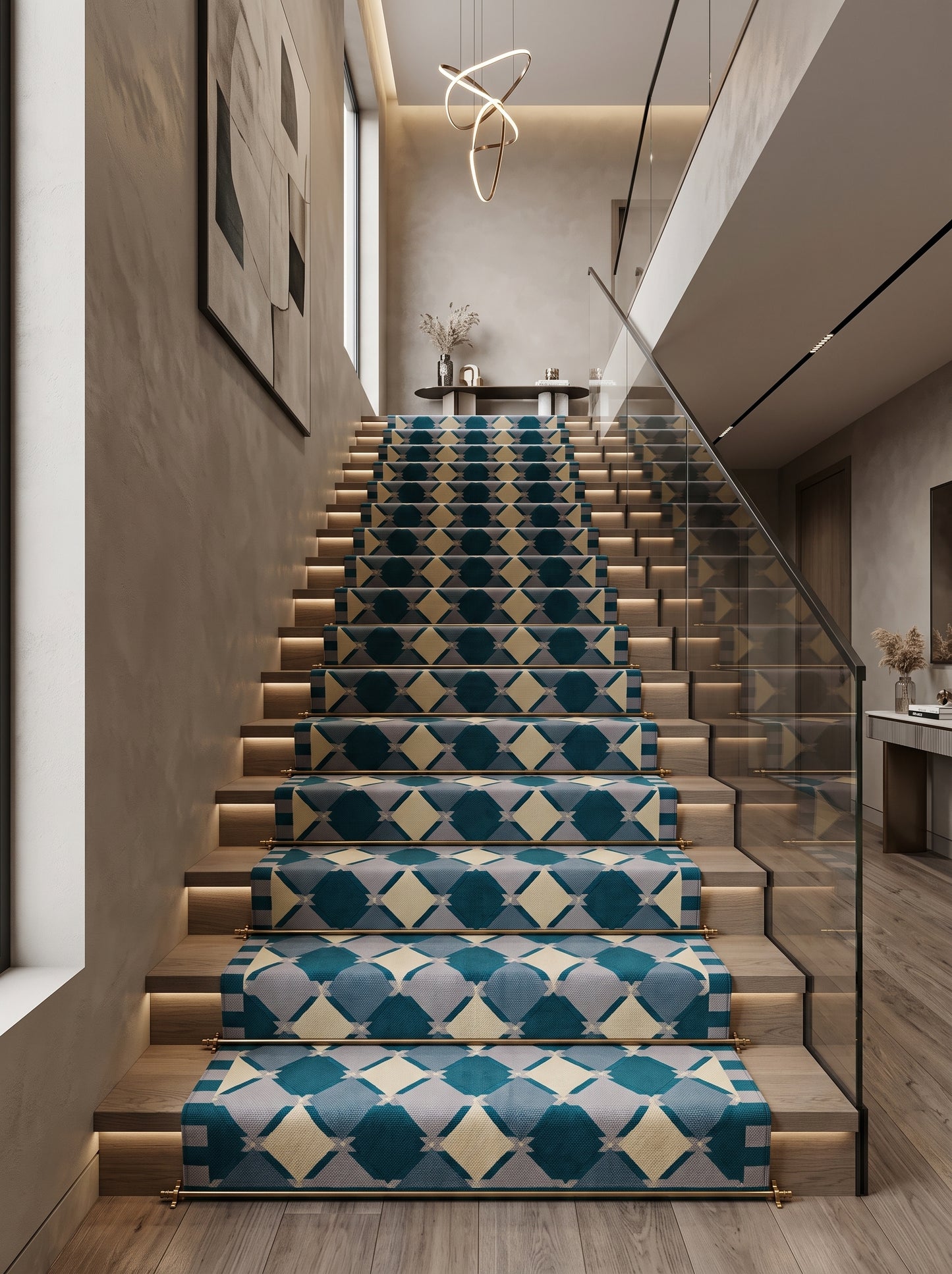 Geometric Diamond Lattice in Teal, Blue & Ivory Rug