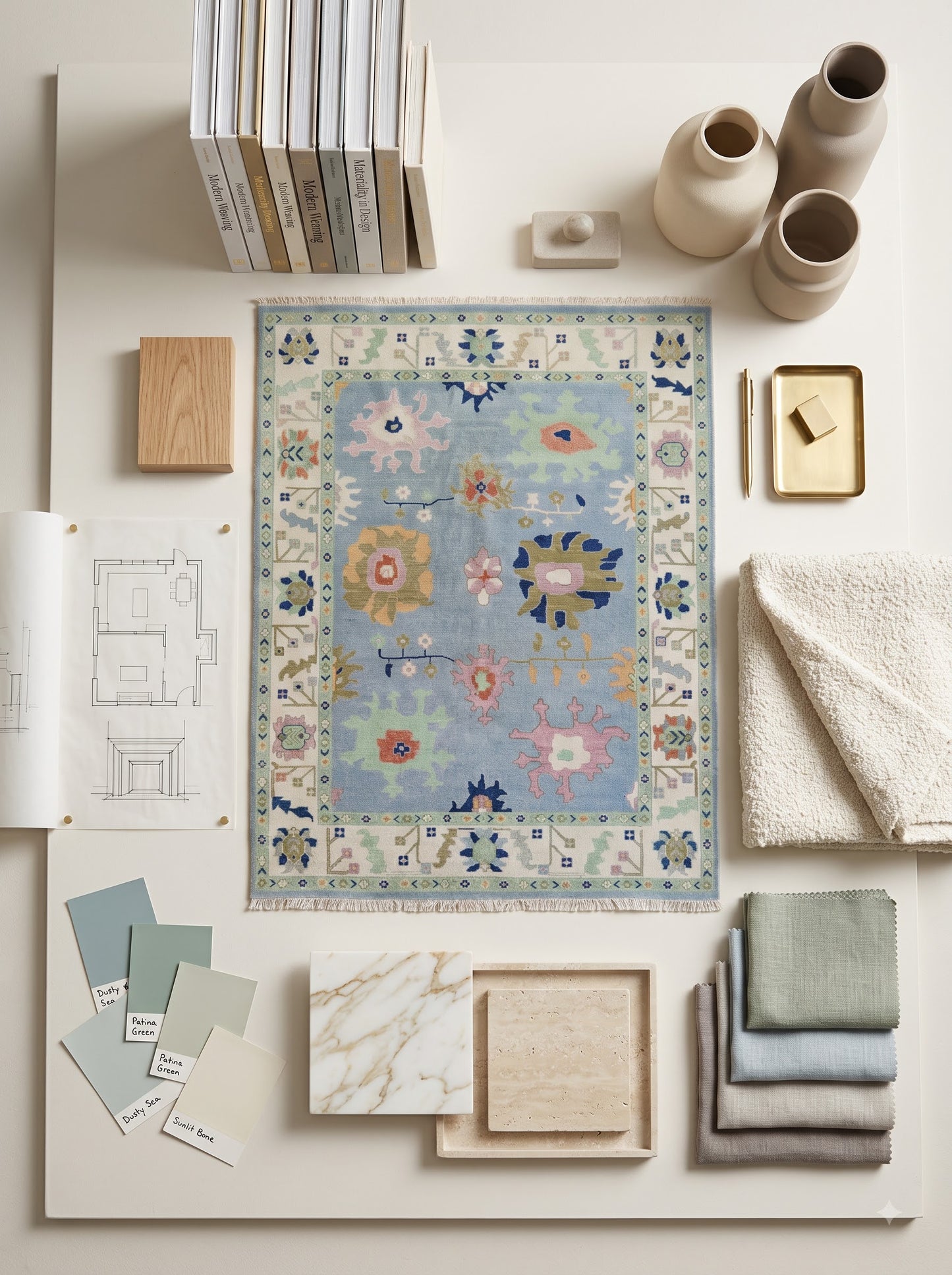 Handmade Turkish Oushak Rug Sky Blue Floral Wool Carpet