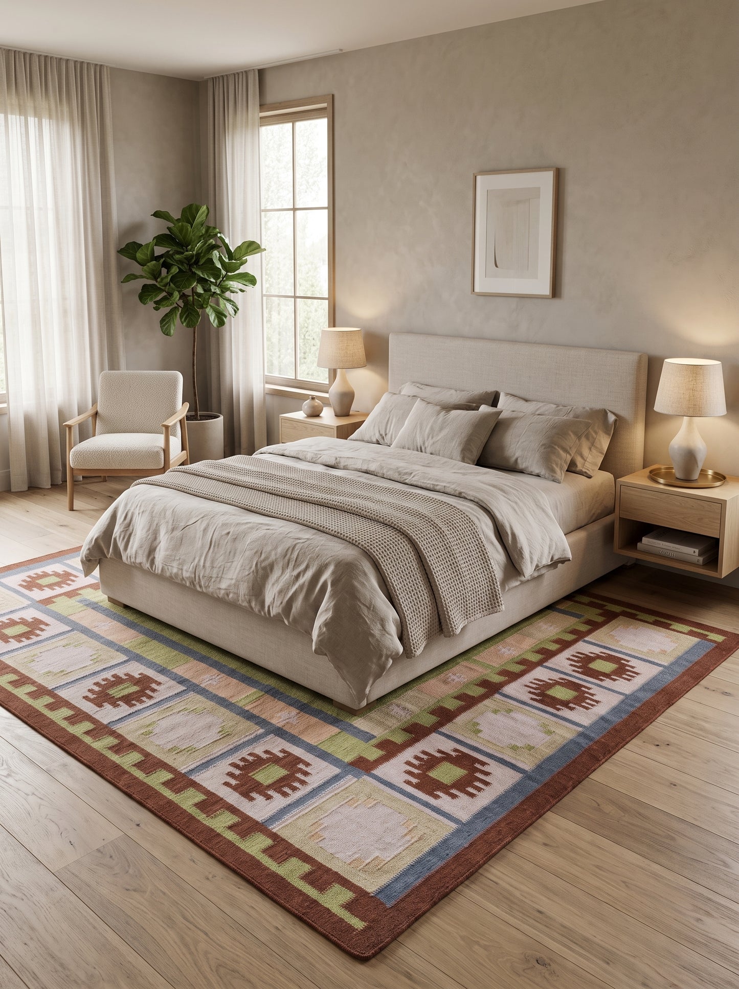 Nordic Pastel Border Wool Cotton Dhurrie Rug
