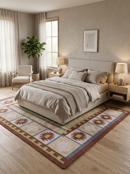Nordic Pastel Border Wool Cotton Dhurrie Rug