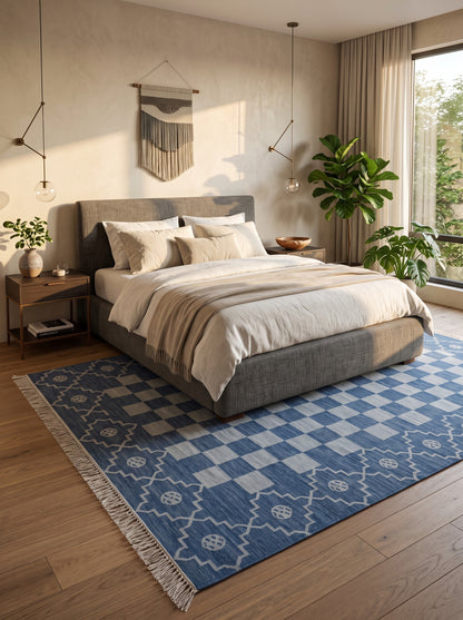 Cornflower Checkered Medallion Geometric Stepped Diamond Border Flatweave rug