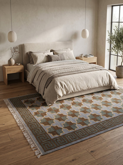 Mediterranean Star Trellis Greek Key Border Flatweave Rug