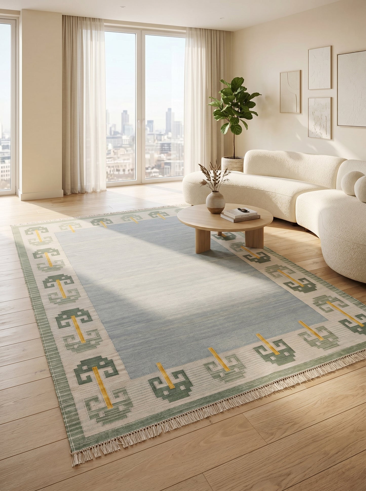 Pastel Blue Cotton Flatweave Rug Retro Modern Area Rug for Bedroom