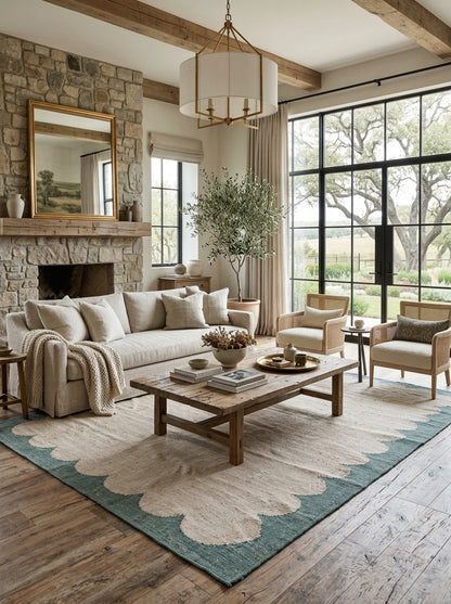 Seafoam Scallop Frame Scalloped Border Flatweave Area Rug