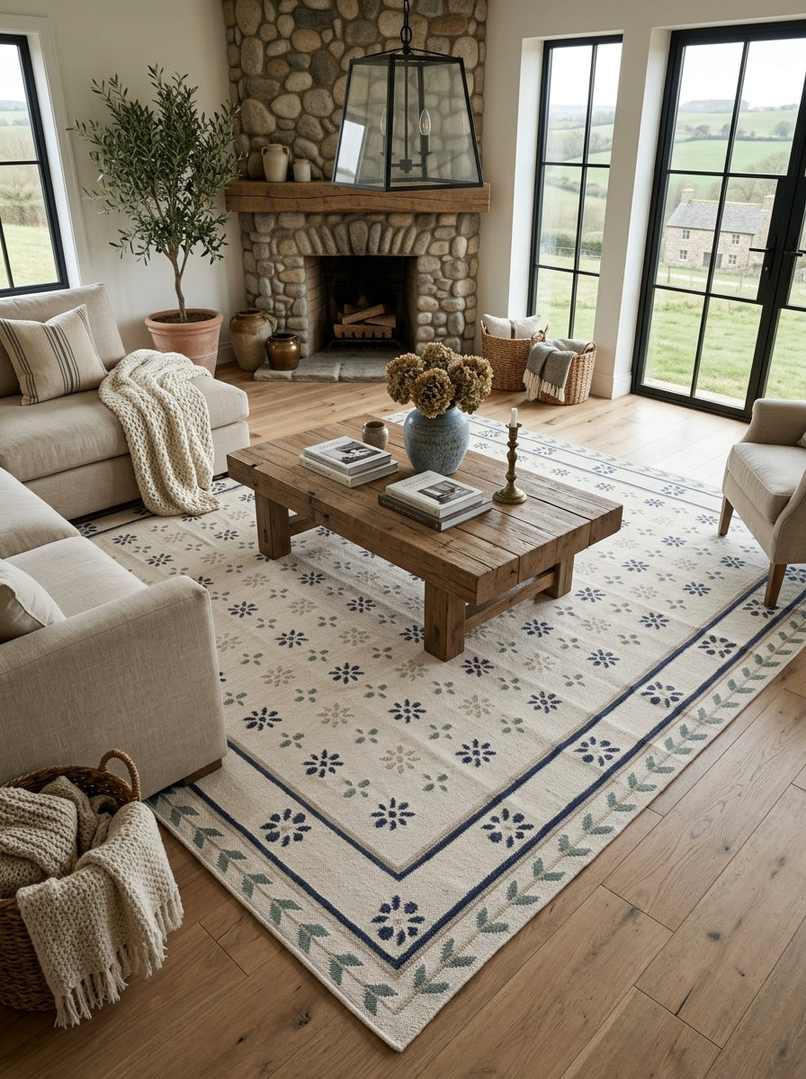 Nordic Navy Rosette Heritage Elegant Chevron Vine Border Flatweave rug