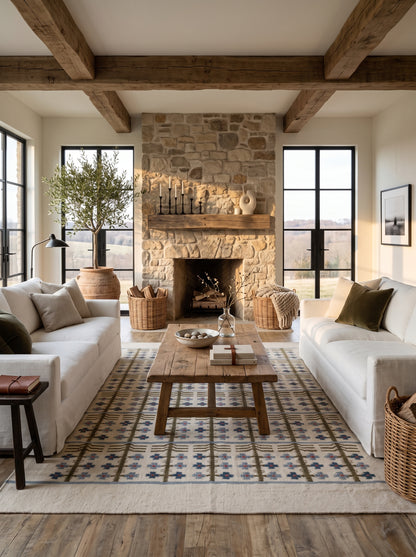 Olive & Denim Tree Trellis Handwoven Symmetrical Folk Rug