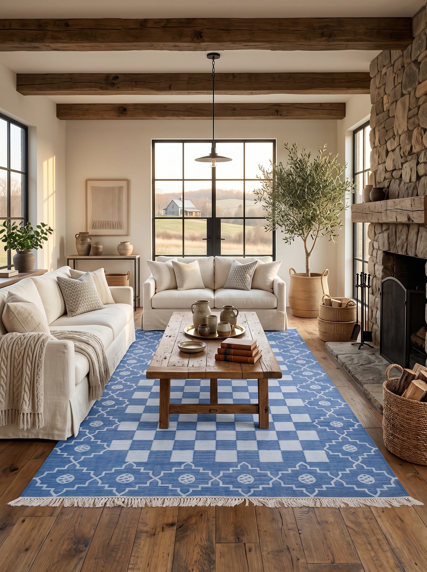 Cornflower Checkered Medallion Geometric Stepped Diamond Border Flatweave rug