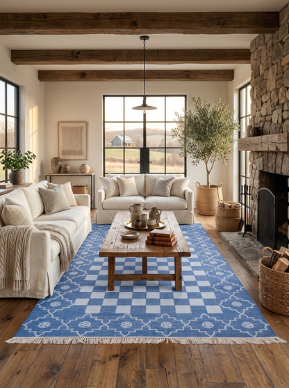 Cornflower Checkered Medallion Geometric Stepped Diamond Border Flatweave rug