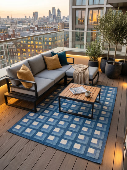 Slate Optical Cube Century Modern Blue & Cream Wool Cotton Dhurrie Rug