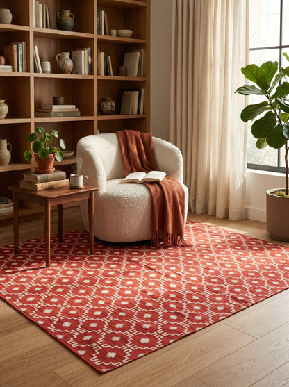 Modern Stepped Tile Flat Weave Carpet, Rustic Lodge Style Diamond Dhurrie
