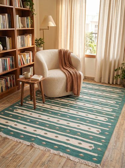 Teal Horizon Handwoven Cotton Flatweave Dhurrie Rug