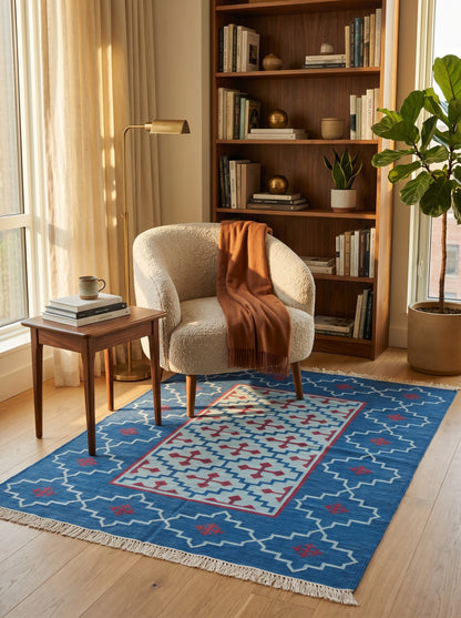 Cobalt Blue Flat Weave Carpet, Southwestern Eye Dazzler Lodge Dhurrie Rug