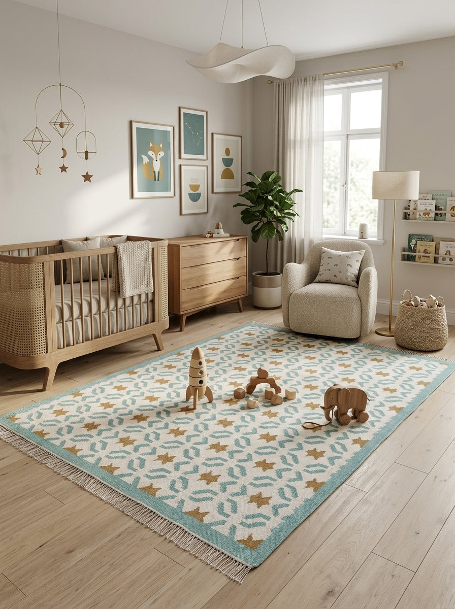 Teal Sunburst Trellis Aqua Mint Green, Ochre & Cream Cotton Wool Dhurrie
