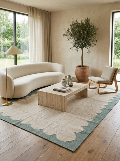 Seafoam Scallop Frame Scalloped Border Flatweave Area Rug