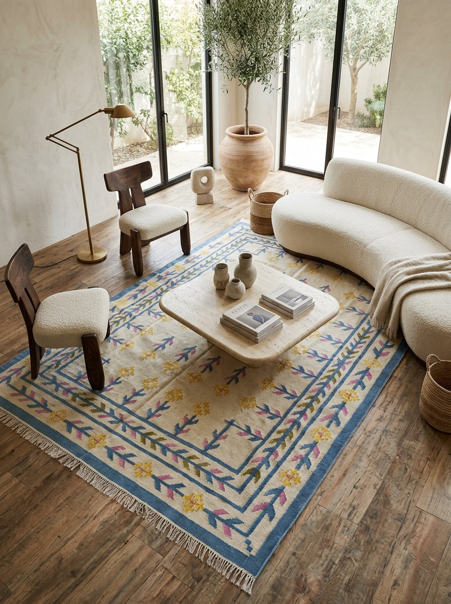 Nordic Primrose Meadow Handwoven Scandinavian Folk Art Kilim Rug