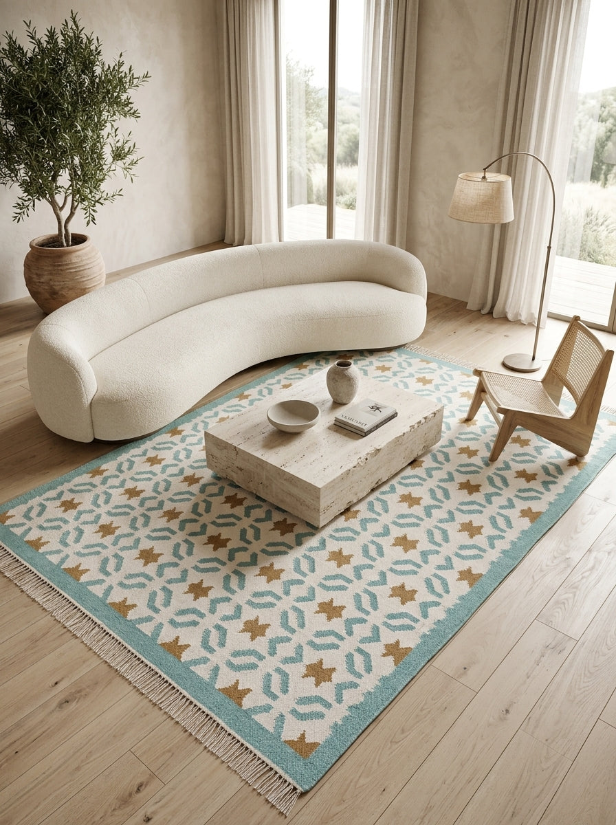 Teal Sunburst Trellis Aqua Mint Green, Ochre & Cream Cotton Wool Dhurrie