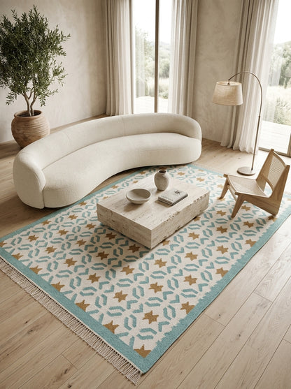 Teal Sunburst Trellis Aqua Mint Green, Ochre & Cream Cotton Wool Dhurrie