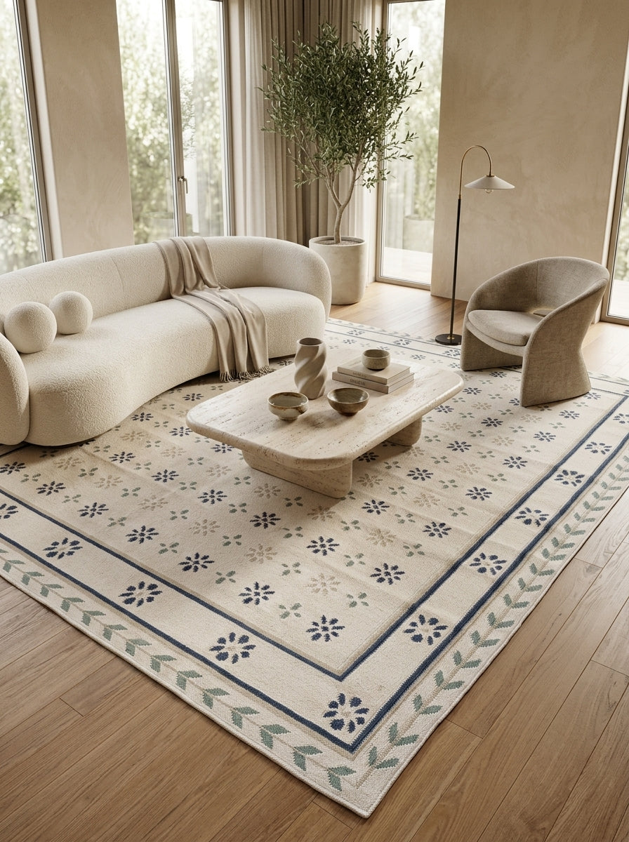 Nordic Navy Rosette Heritage Elegant Chevron Vine Border Flatweave rug