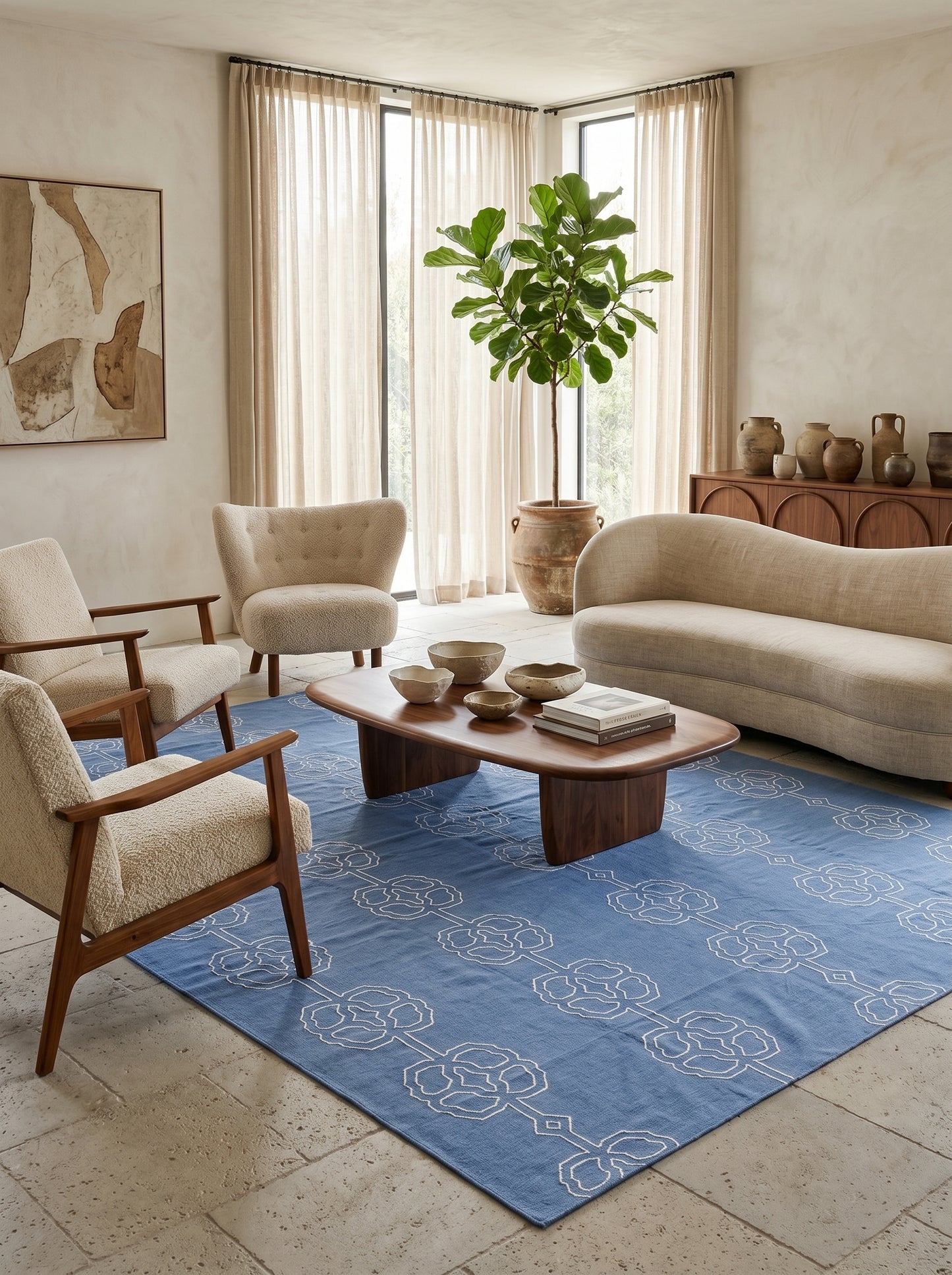 Modern Interlocking Cornflower Blue Geometric Area Rug
